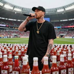 eminem rapping in a stadium filled with ketchup bottles in real life, 8 k, 4 k uhd, realistic, hyper realistic, super detailed, very detailed, detailed