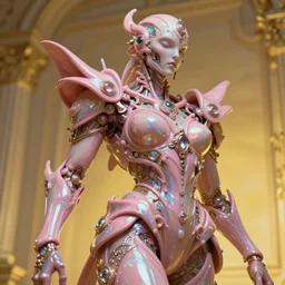 hyperrealist highly intricate neo-rococo pink iridescent exoskeleton beautifuk god concept art pascal blanche key sage dramatic yellow lighting 8k low angle shallow depth of field