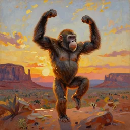 bright beautiful oil painting of a dancing primitive ape in monument valley at sunset, light scatter, van gogh