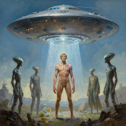 ufo aliens showing primitive man technology, tim hildebrandt, wayne barlowe, bruce pennington, donato giancola, trending on artstation, cinematic composition, beautiful lighting, hyper detailed, 8 k, oil on canvas