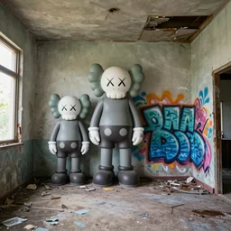 kaws what party graffiti inside abandoned dollhouse