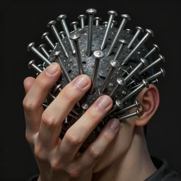 a stupid head with highly detailed realistic nails sticking out of it, hammered nails, pain, light effect, hyper detailed, intricate, elegant, highly detailed, digital painting, artstation, concept art, matte, sharp focus, illustration, by dan mumford, yusuke murata, makoto shinkai, ross tran