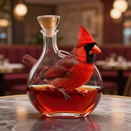 a photorealistic photograph of a red Cardinal bird swimming inside of an Armagnac decanter at an upscale polo lounge Trending on Artstation, featured on Behance, well-rendered, Unreal Engine, 4K HD
