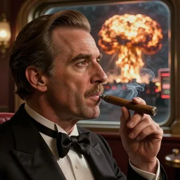 Mr. House, realistic, highly detailed face, looks at the nuclear explosion, from the window of the Lucky 38 Casino, man smokes a cigar, hyperdetailed, artstation trending, ultra HD, artstation, photorealism, ultrarealistic, retro, 45mm, elegant,