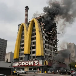 a derelict immense mcdonald's skyscraper restaurant with yellow golden arches logo and tall smoke stacks crashed and broken in an urban area, fast food restaurant color scheme, thick black smoke billowing, overcast, dystopian, bad vibes, photorealistic, sharp focus, hyper detailed, octane render
