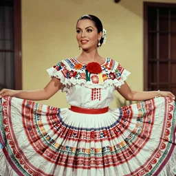 the image is a lost hollywood film still 1 9 8 0 s photograph of in this image, a beautiful mexican actress from the 1 9 5 0 s. she is wearing a traditional mexican dress with intricate patterns and a wide skirt. her hair is pulled back from her face in a sleek bun, and she is looking off to the side with a slight smile. vibrant cinematography, anamorphic lenses
