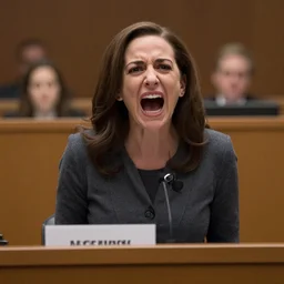 Movie still of a screaming angry Sheryl Sandberg in the courtroom in Facebook The Movie (2017), directed by Steven Spielberg
