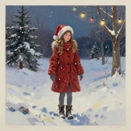 girl in the snow with christmas lights, oil painted vintage greeting card style