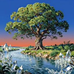 a huge standalone tree, seen from the distance near a river made of crystals. art nouveau rococo in the style of caravaggio. hd 8 x matte background in vibrant vivid textures