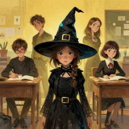 highly detailed portrait of a little witch classroom art by ghailan, james gilleard, by joe fenton, by greg rutkowski, by greg tocchini, by kaethe butcher, 4 k resolution, gradient yellow, black, brown and cyan color scheme, grunge aesthetic!!!
