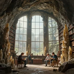 vast library in a cave with huge windows flanked by stalagmites, michael whelan, james gurney, thomas kinkade, rodney mathews, trending on artstation, ultra realistic