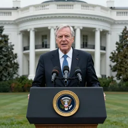 President Tim Curry addresses the media behind a podium in the White House Rose Garden, associated press photo, photojournalism