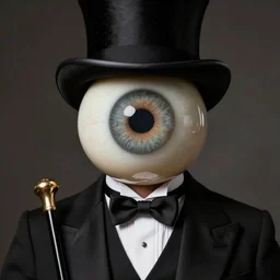 hyperreal portrait of lifelike eyeball headed gentleman, impeccably dressed in elegant black tailcoat tuxedo and top hat with theatrical walking cane, large round spherical eyeball with veiny bloodshot orb