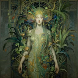 breathtaking detailed concept art painting art deco portrait of a gaea goddess amalgamation plants, by hsiao - ron cheng, bizarre compositions, exquisite detail, extremely moody lighting, 8 k