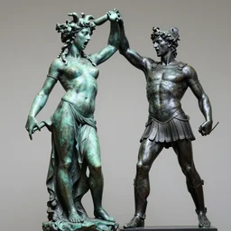 full body bronze sculpture of medusa and perseus screaming at each other, neo - classical style, medusa in a green dress, perseus armored, sharp facial features, angry, professional photography, dynamic and dominating