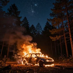 burning car in the middle of the woods with starry night sky, photorealistic, realistic, dramatic, cinematic, photography
