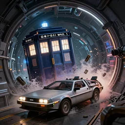 of a Tardis from Dr.Who crashing in the DeLorean from back to the future in a time tunnel 8k hyperdetailed surrealism