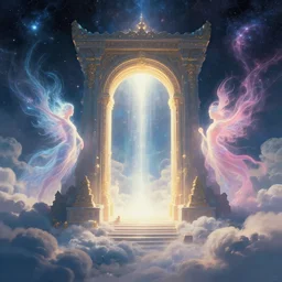 the ancient portal of the luminous dream spirits on cosmic cloudscape, futurism, dan mumford, victo ngai