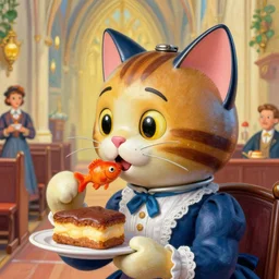 closeup profile face portrait of a tin toy cat dressed as a victorian lady eating cakes in a church, nicoletta ceccoli, mark ryden, lostfish, max fleischer, hyper realistic, artstation, illustration, digital paint, matte paint, vivid colors, bright, cheerful, detailed and intricate environment