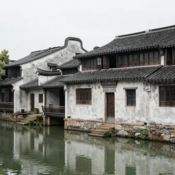 wuzhen, zhejiang, old street along the river facade, jiangnan water town, chinese ancient street, scattered ancient buildings, famous residence, by architect and authority on the history of chinese architecture and lin huiyin and chen congzhou, trending on artstation