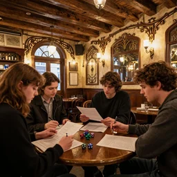 group of friends playing d & d in a french art nouveau cafe just before closing, oak beam ceiling, old world, craftmanship, character sheets and dragon dice