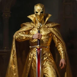 vampire in golden noble clothes, with a covered face, holding a blood red sword, realistic painting, artstation, cinematic, dramatic lighting