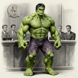 hulk at the witness stand in court. pencil court sketch. intricate. highly professionally detailed.