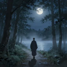 a lonely chinese monk walking in forest path at night. just one moon!! painting by tooker, george, takato yamamoto and makoto shinkai. ultra clear detailed. octane render. 8 k. grey blue, sharp focus, extremely coherent, medium long shot. fog. lake
