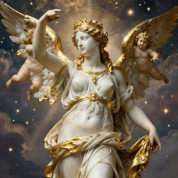 saint Woman Venus Athena beautiful gracious baroque marble and gold in space sistina stars clouds winged putti