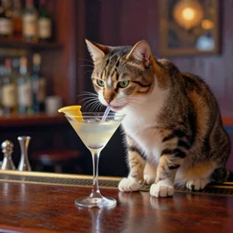 a cat drinking martini at an Irish bar, Monet style