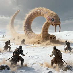 a giant trypophobia sand worm attacks warriors in a snowy desert by the tony sart