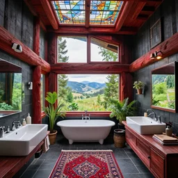 bathroom inside of an all black psychedelic modern ecopunk frank lloyd wright shotgun house mansion made entirely of redwood in the mountain valley of colorado, lots of plants and stained glass ceilings and persian rugs