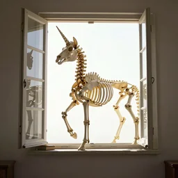 unicorn skeleton standing next to an open window, artstation