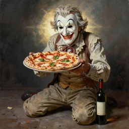 wrinkled! old man wearing pulcinella mask, with a pizza! margherita di napoli, with a bottle of wine, drunk, menacing appearance, dramatic backlight, full body, wide angle, ultrafine detailed painting by joe fenton, trending on deviantart, masterpiece, more coherent