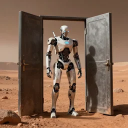 realistic robot android on mars, death's door, alone, apocalypse, low power, realistic light and shadow effects