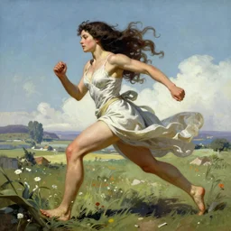 A very beautiful woman, running into the fields by Frank Frazetta, Greg Rutkowski, Boris Vallejo, epic fantasy character art, Exquisite detail, post-processing, low angle, masterpiece, cinematic