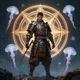 a centered render of a majestic post apocalyptic samurai warrior wearing armour and leather clothing surrounded by bio - luminescent jellyfish and sacred geometry, cinematic, beautifully lit, by artgerm, by donato giancola, by viktoria gavrilenko 3 d, trending on artstation, octane render, 8 k