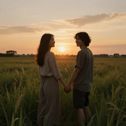 Two friends are standing in a field of tall grass, with the sun setting behind them. They are both smiling and holding hands, looking back at the dark land they came from.