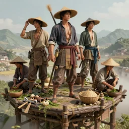 an intricate concept illustration, fantasy, asian farmers standing on platform, ultra photorealistic, ultra sharp, artstation, cgsociety, masterpiece, octane render, by wylop, 8 k