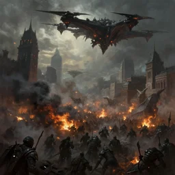 big bright city of minas tirith under the attack of a dark demonic army drone shot, a field of fire and smoke, war, 8 k concept art, digital painting, dark colors, realistic, cinematic lighting, raymond swanland, peter mohrbacher