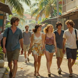 a cinematic extreme close - up of ( ( ( highly intricate painting of people in casual wear walking in the street ) ) ), tropical morning, fantasy art, highly detailed matte painting, telephoto lens 2 0 0 mm, by stanley artgerm lau, greg rutkowski, thomas kinkade, alphonse mucha, loish, norman rockwell, artstation