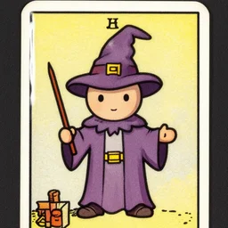 cute chibi style wizard drawn on a vintage tarot card with grainy texture from 1976
