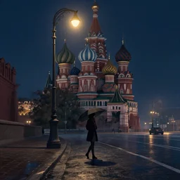 lonely road of moscow at night with a single lamp post, 4 k, walking woman with umbrella, artstation, detailed, by greg rutkowski,