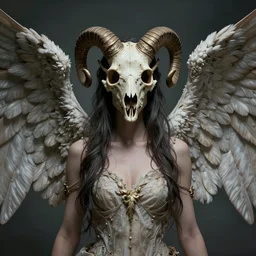 surreal, portrait of a fallen angel, goddess with 6 wings, intricate phoenix ram skull mask covering half of her face, by tooth wu and wlop. octane rendering, popular on artstation, greg rutkowski film, surreal, high detail, octane rendering, 8 k,