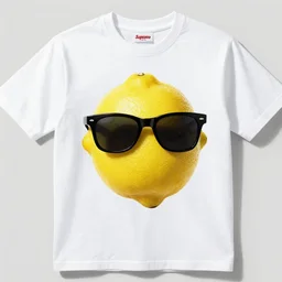 t-shirt design featuring a lemon wearing sunglasses, supreme, 4k, photorealistic, hd