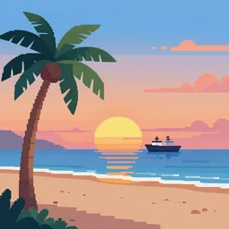 a beautiful sunset at the beach, palm trees, a ship in the sea. #pixelart