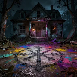 a sigil scribbled on the ground, inside a haunted destroyed house, trending on artstation, wide view, cinematic view, cinematic, 8 k, digital photo, unreal engine, colored paint, colorful paint, scary style