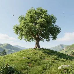 one large tree at the top of a small hill, in a mountainous area, green grass, unreal engine rendering, hd, birds in the sky