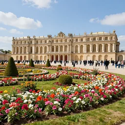 palace of versailles covered by flowers, sunny day, crowd, hyperdetailed, artstation, cgsociety, 8 k