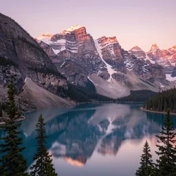 dreamy landscape of canadian rockies, soft sunrise light over the mountain, reflective lake, pine trees, golden hour, soft glow, natural lighting, pastel color scheme, artstation, 4 k, award - winning landscape photography